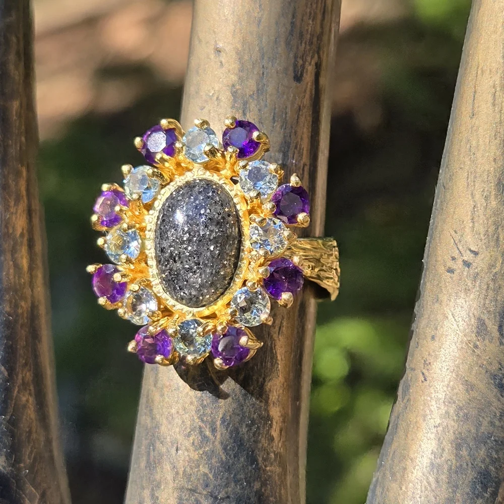 HOST PICK 🎉Sunstone 8k Topaz & Amethyst Natural Gemstone Sterling & Gold Sz7.5 - Picture 1 of 10
